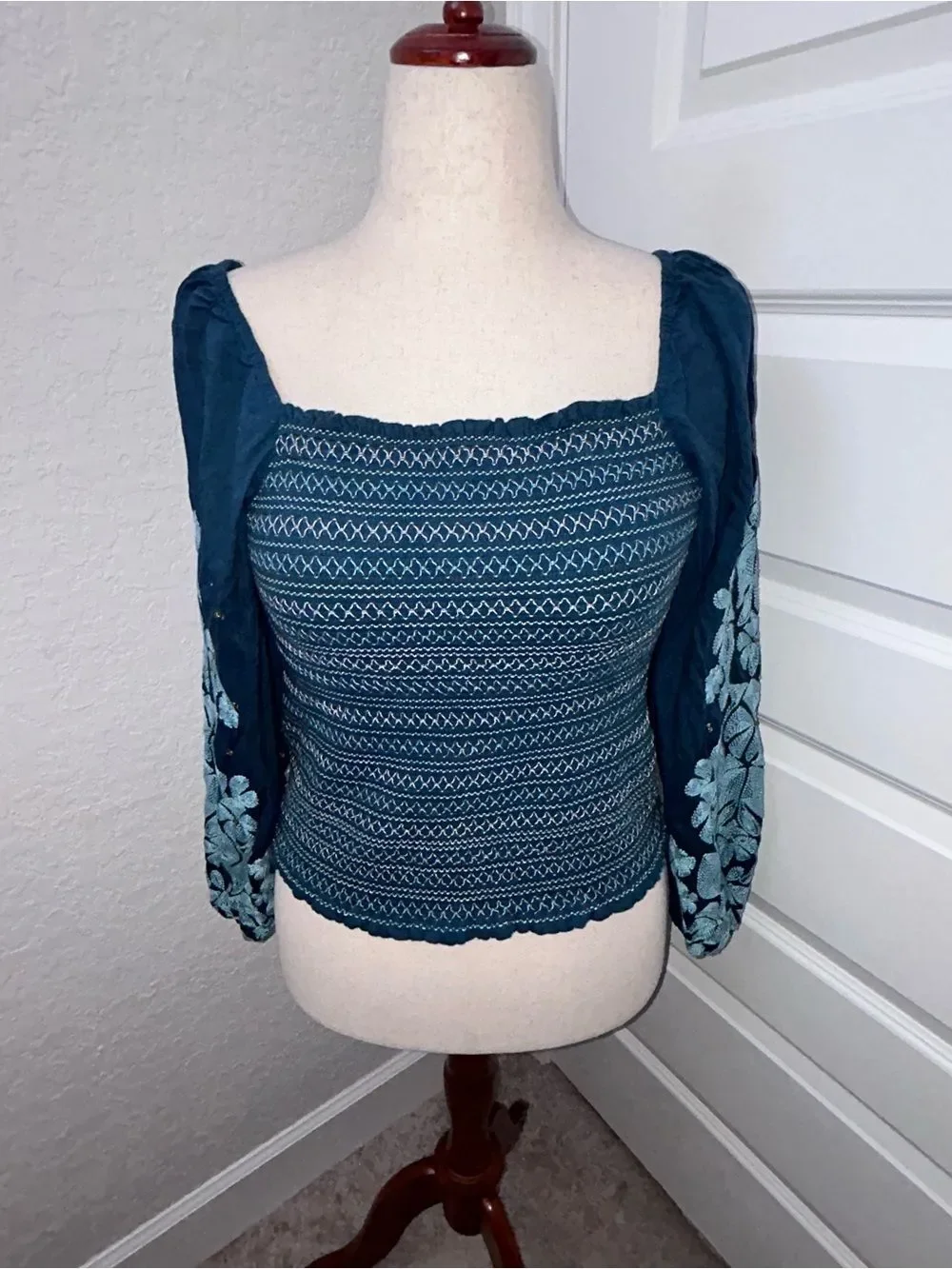 By Anthropologie Embroidered Embellished Statement Sleeve Smocked Shirt Top